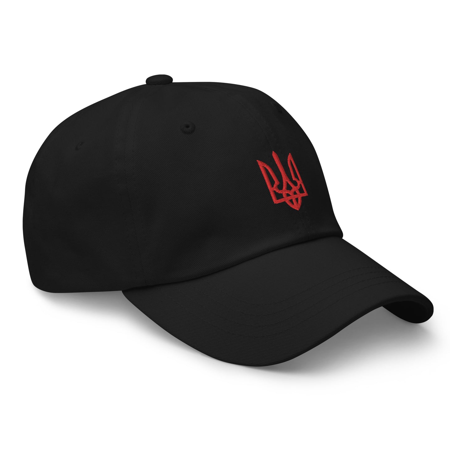 Support Ukraine Merchandise | Black Hat with Red Tryzub - Donate To Ukraine Side